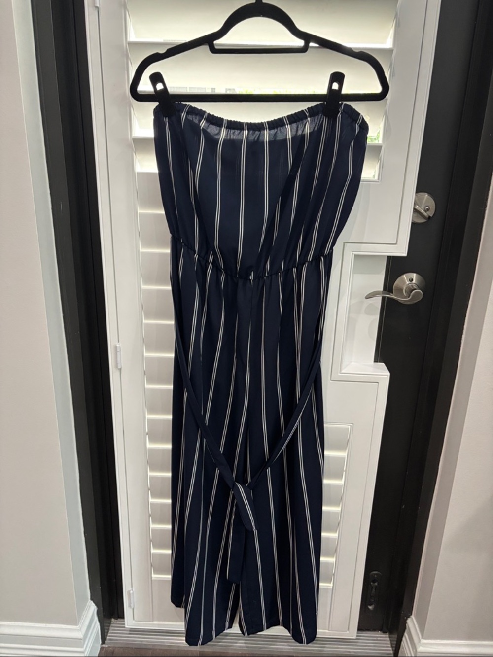 Soprano Navy Blue Strapless Jumpsuit with White Pinstripes